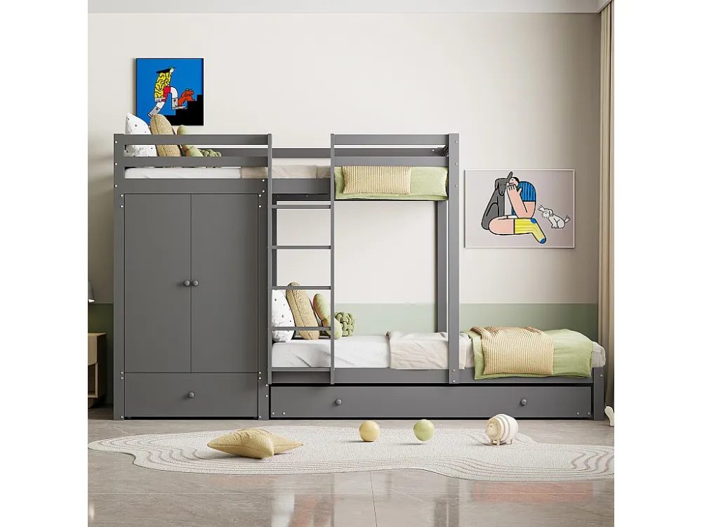 Stapelbedden 2 x 90 x 200 cm met onderschuifbed 190 x 90 cm - Kledingkast, lade en opbergplanken - Grenenhout en MDF - Gri...