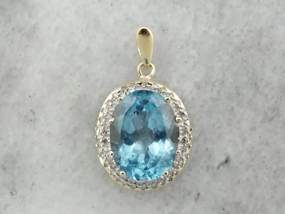 Stunning Blue Topaz Pendant Diamond Halo Two Tone Verguld