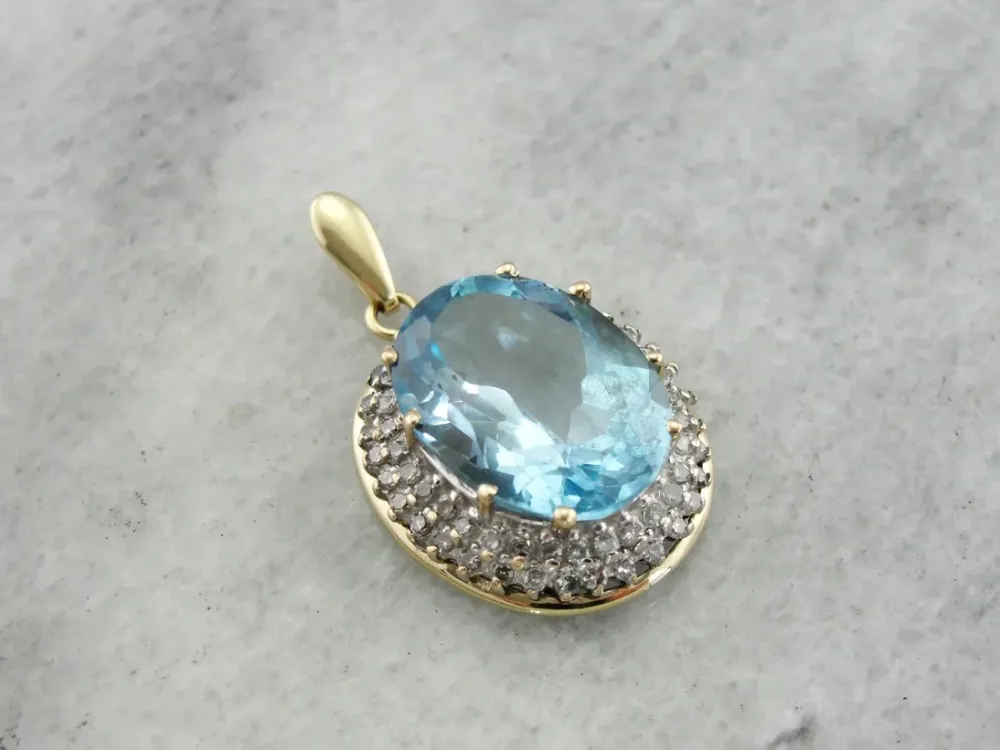Stunning Blue Topaz Pendant Diamond Halo Two Tone Verguld