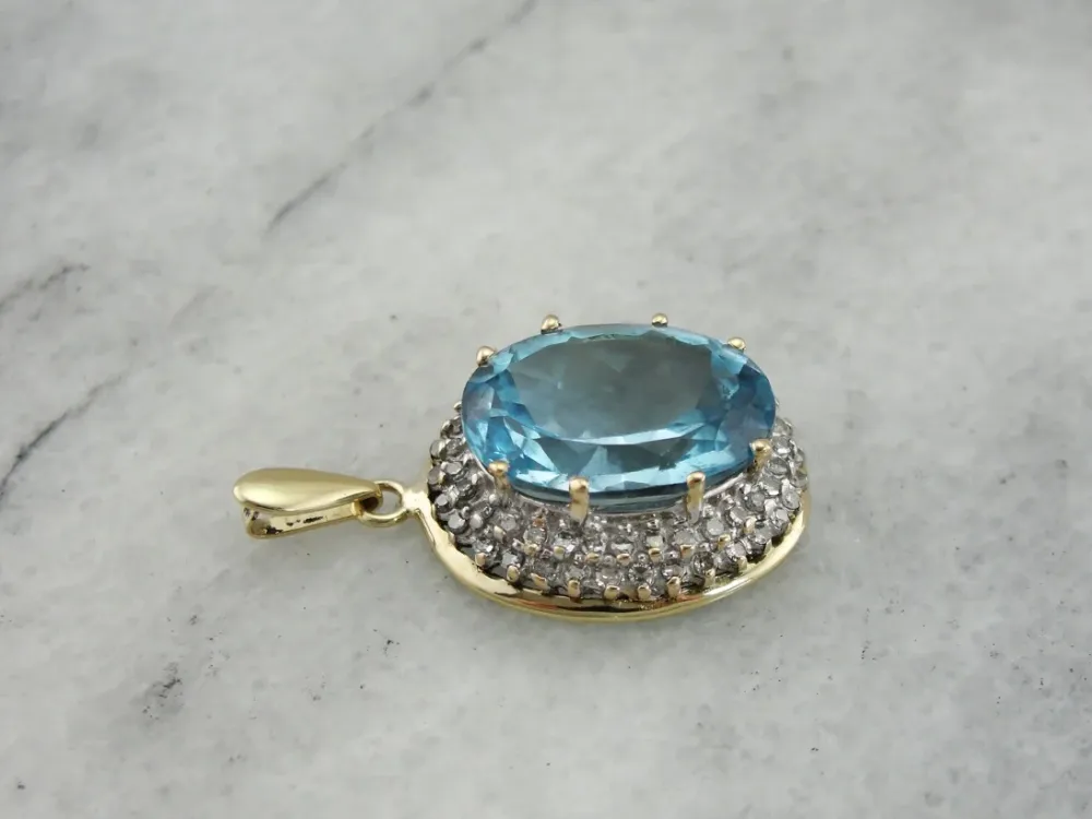 Stunning Blue Topaz Pendant Diamond Halo Two Tone Verguld