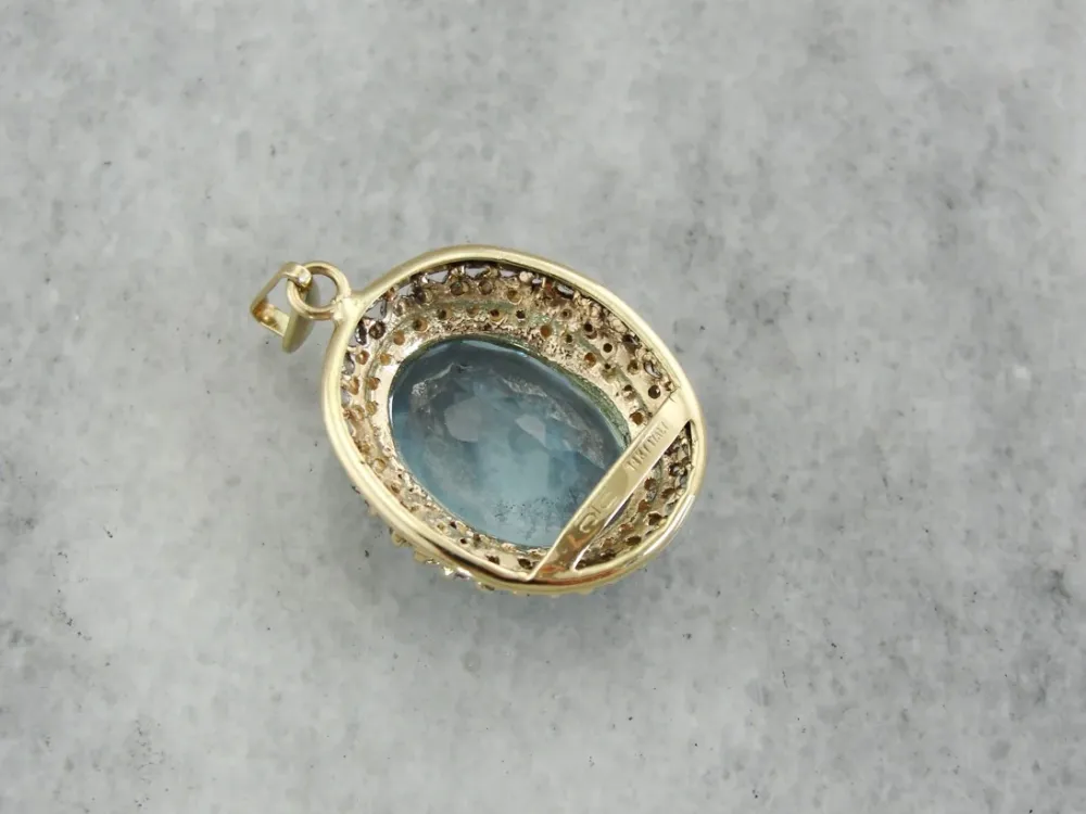 Stunning Blue Topaz Pendant Diamond Halo Two Tone Verguld