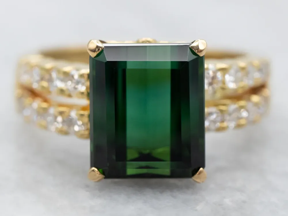 Stylish Green Tourmaline Ring Double Row Diamond Accents