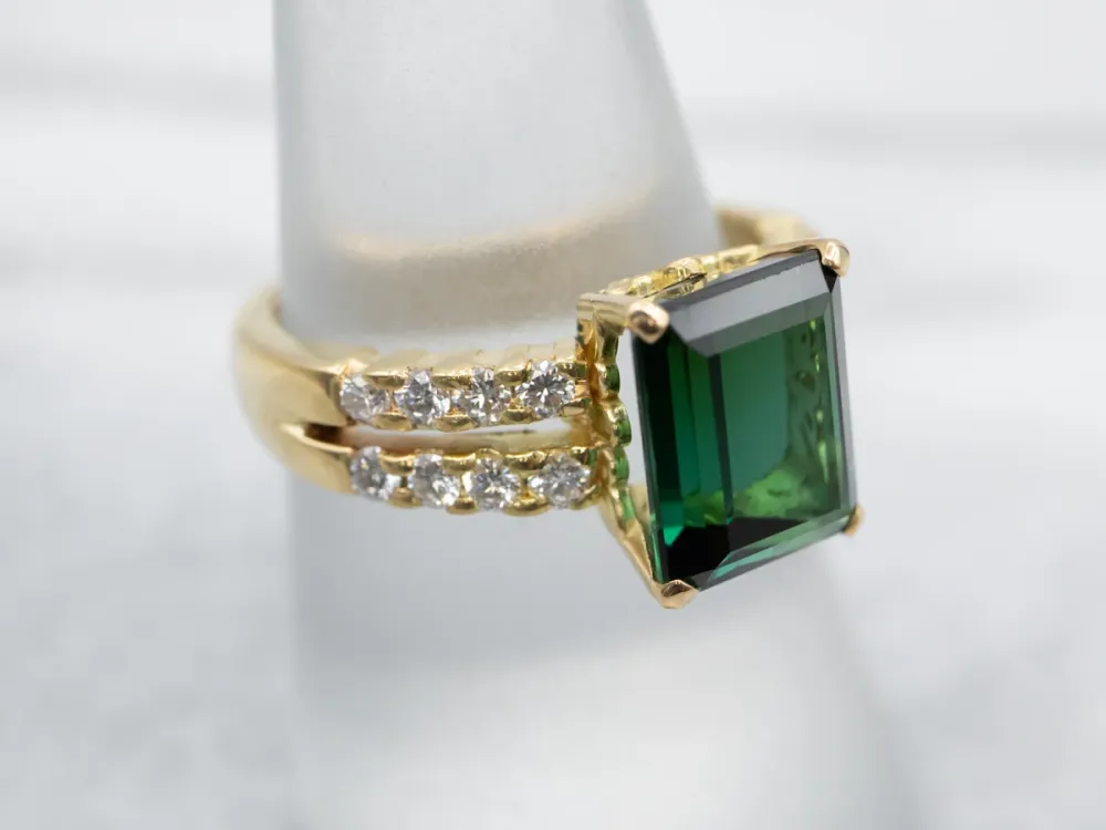 Stylish Green Tourmaline Ring Double Row Diamond Accents