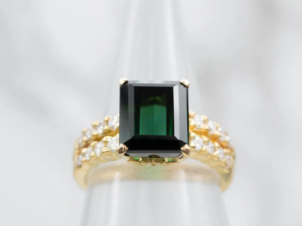 Stylish Green Tourmaline Ring Double Row Diamond Accents