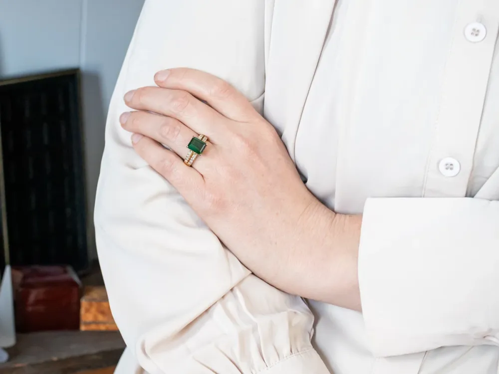 Stylish Green Tourmaline Ring Double Row Diamond Accents