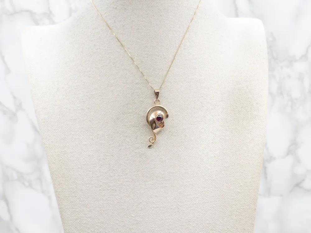 Swirling Retro-Era Garnet Two Tone Pendant