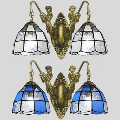 Tiffany Dome Wall Mounted Light 2 Heads White/Blue Glaswerk Sconce Light Corridor White