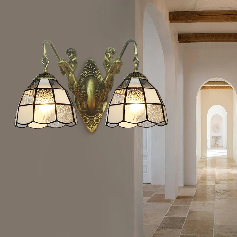 Tiffany Dome Wall Mounted Light 2 Heads White/Blue Glaswerk Sconce Light Corridor White