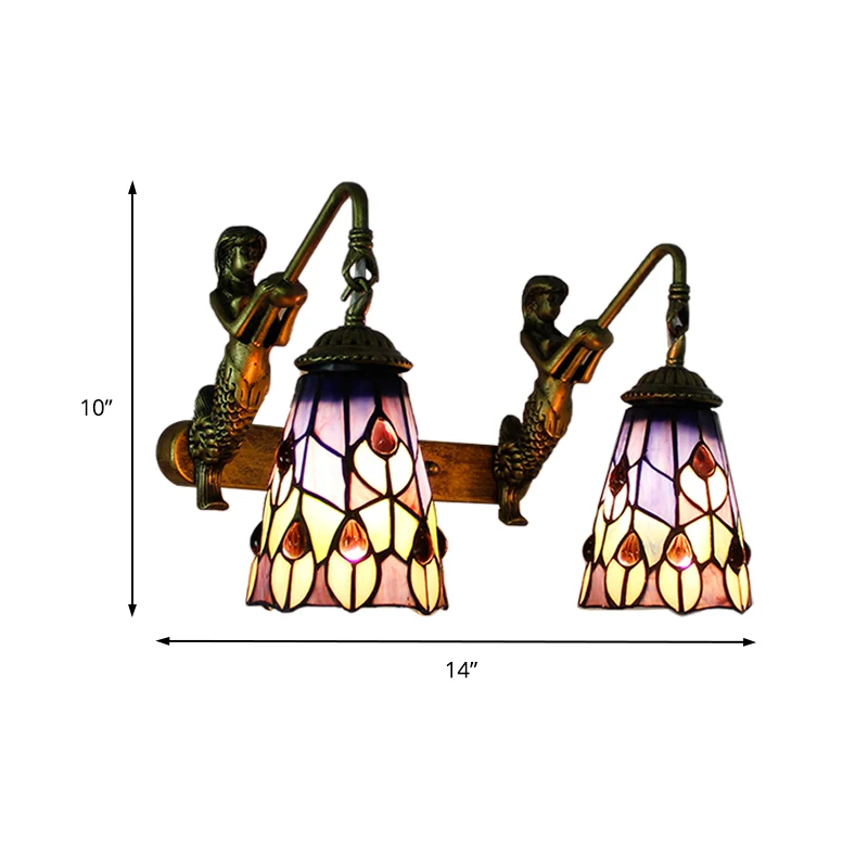 Tiffany Flared Wall Mount Light Multicolor Stained Glaswerk 2 Heads Hallway Peacock Tail/Flower Pattern Brass