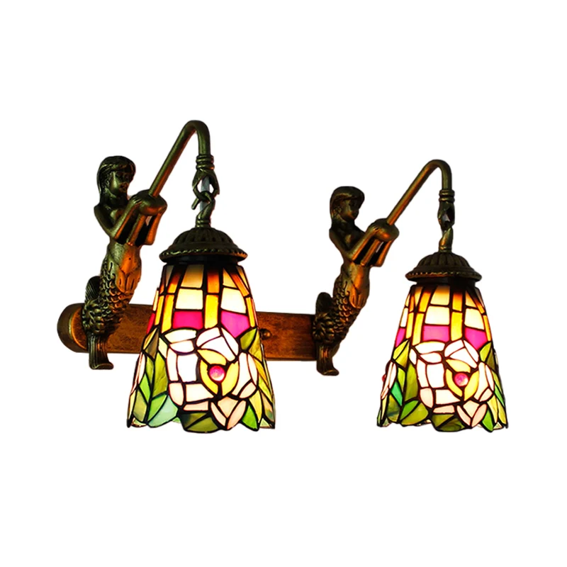 Tiffany Flared Wall Mount Light Multicolor Stained Glaswerk 2 Heads Hallway Peacock Tail/Flower Pattern Brass