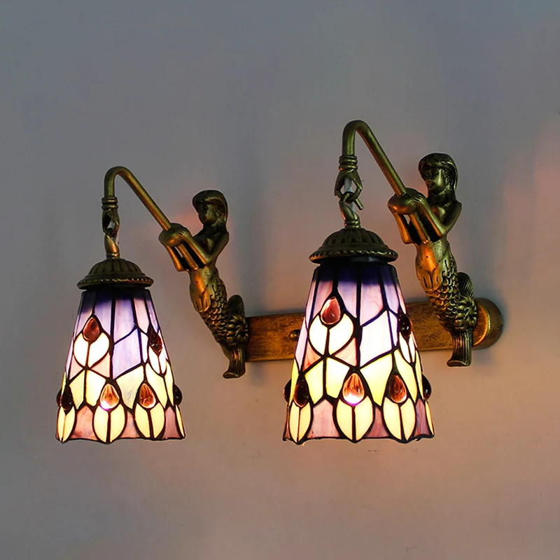 Tiffany Flared Wall Mount Light Multicolor Stained Glazen 2 Heads Hallway Peacock Tail/Flower Pattern Brass