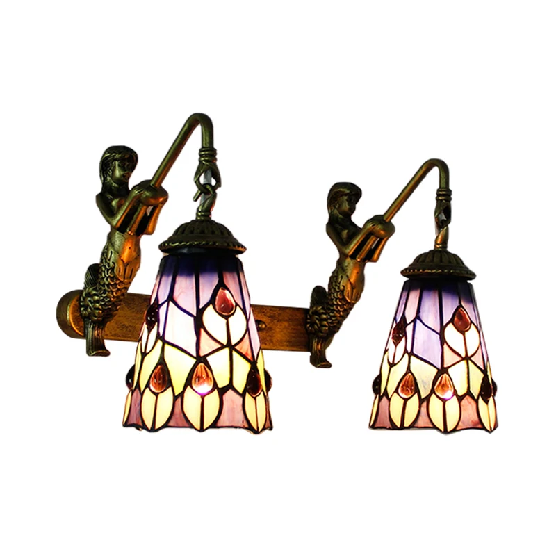 Tiffany Flared Wall Mount Light Multicolor Stained Glazen 2 Heads Hallway Peacock Tail/Flower Pattern Brass