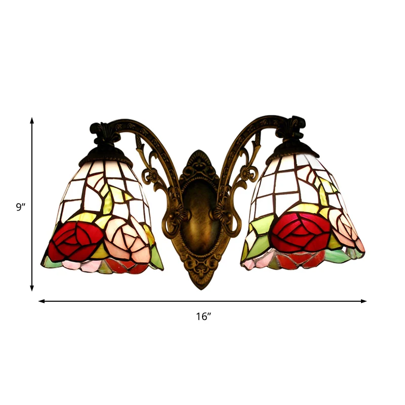 Tiffany Style Wall Fixture Light Stained Glaswerk 2 Lights Wall Sconce Rose Pattern Bronze Finish Bronze
