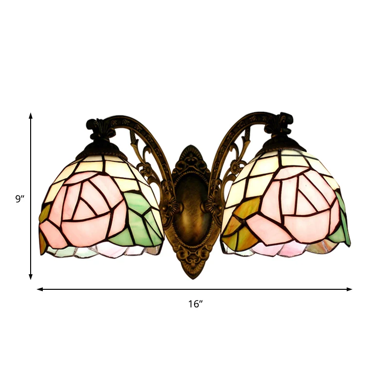 Tiffany Style Wall Fixture Light Stained Glass 2 Lights Wall Sconce Rose Pattern Brons Finish Bronze