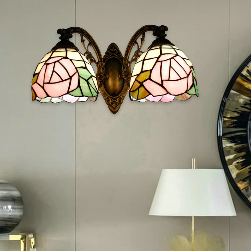 Tiffany Style Wall Fixture Light Stained Glass 2 Lights Wall Sconce Rose Pattern Brons Finish Bronze
