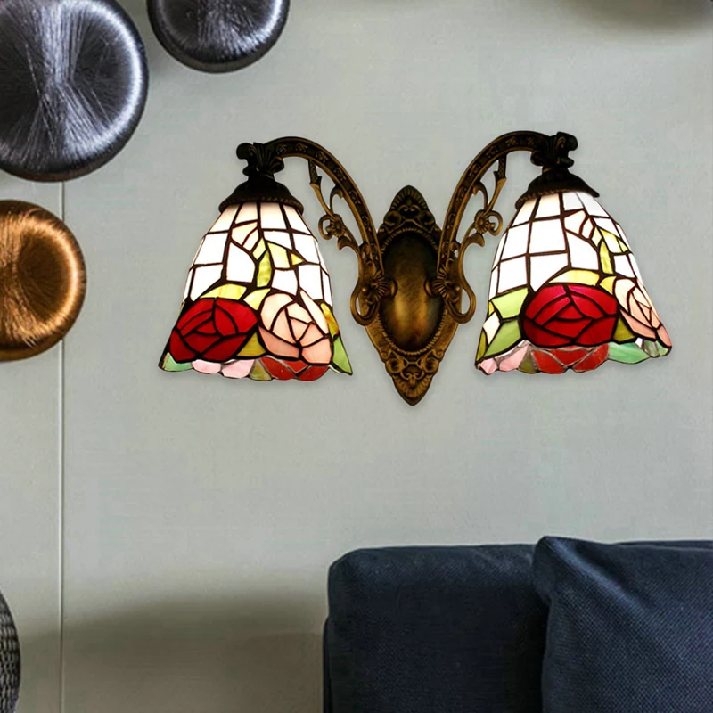 Tiffany Style Wall Fixture Light Stained Glass 2 Lights Wall Sconce Rose Pattern Brons Finish Bronze