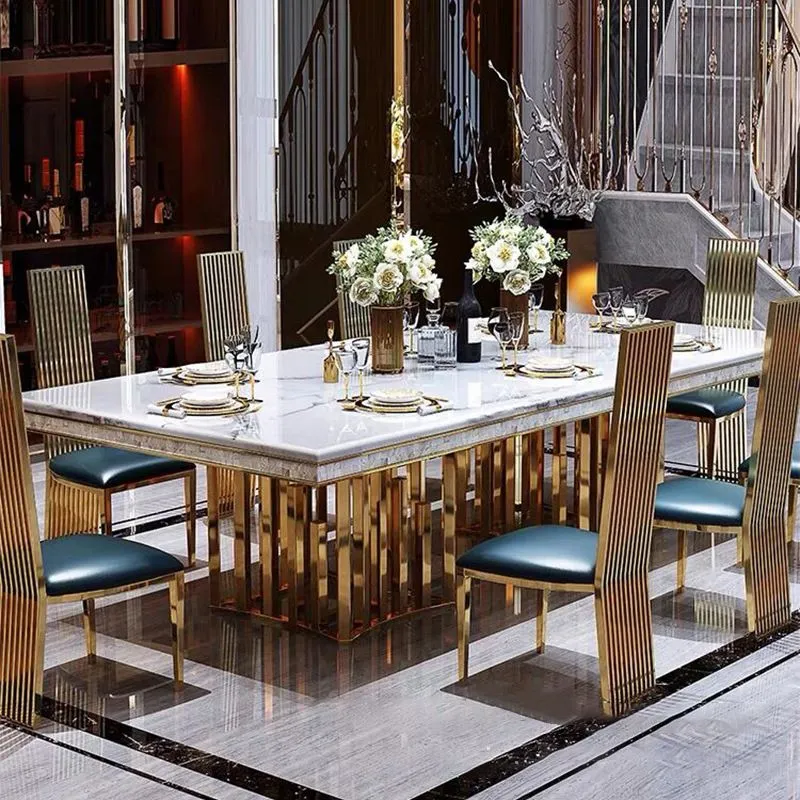Traditional Chique Marble Dining Table Rectangle Table Metal Double Pedestal Gold 63l