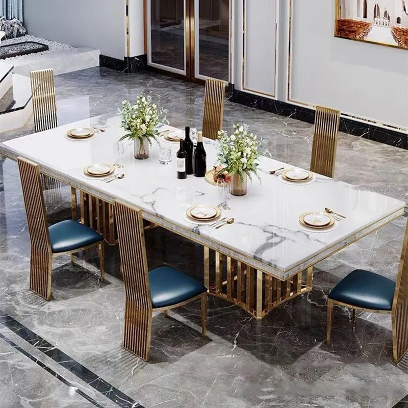 Traditional Luxury Marble Dining Table Rectangle Table Metal Tweeling Pedestal Gold 63l