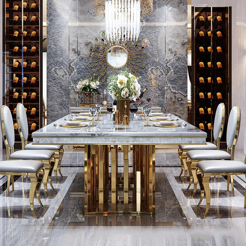 Traditional Luxury Marble Dining Table Rectangle Table Metal Tweeling Pedestal Gold 63l
