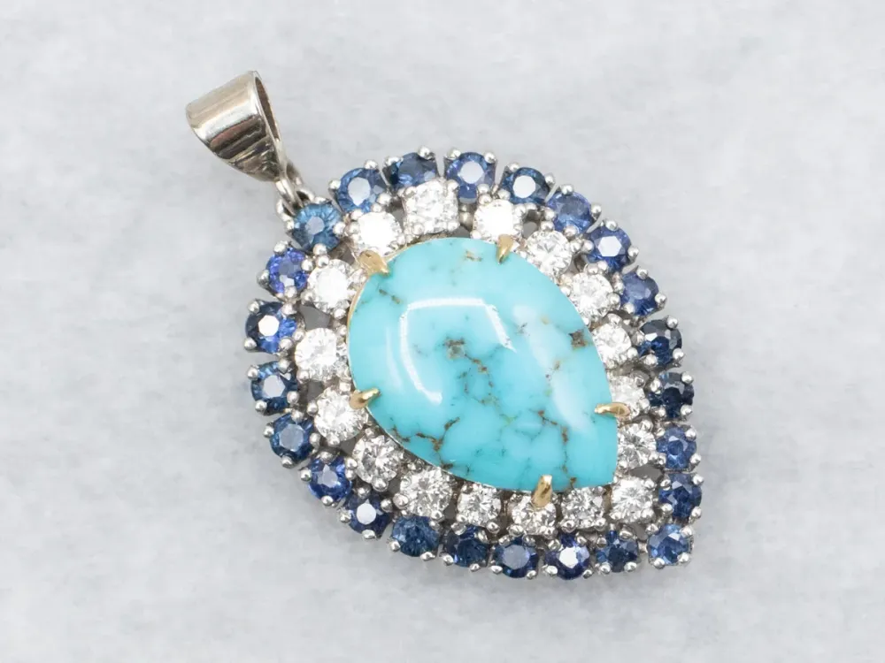 Turquoise Pendant Sapphire and Diamond Dubbel Halo
