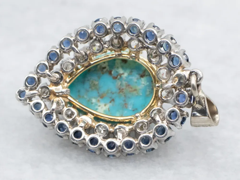 Turquoise Pendant Sapphire and Diamond Dubbel Halo
