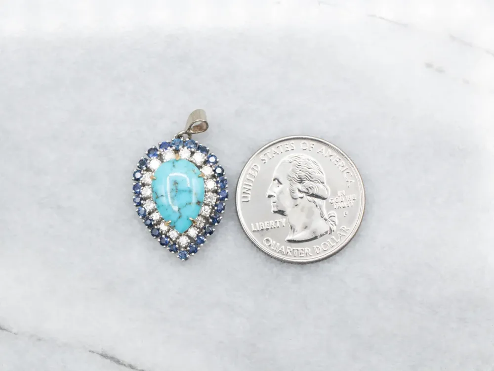 Turquoise Pendant Sapphire and Diamond Dubbel Halo
