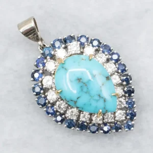 Turquoise Pendant Sapphire and Diamond Dubbel Halo