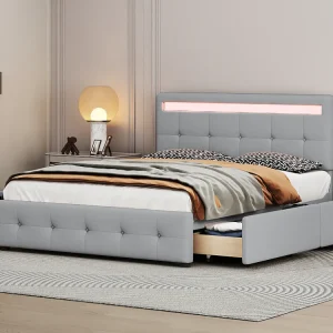 Tweepersoonsbed 140 x 200 cm met hoofdeinde en 4 laden - LED's - linnenstof - Grijs