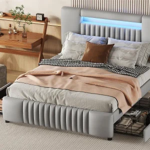 Tweepersoonsbed 140 x 200 cm, PU-leer gestoffeerd bed met vier laden, LED-strip, grijs