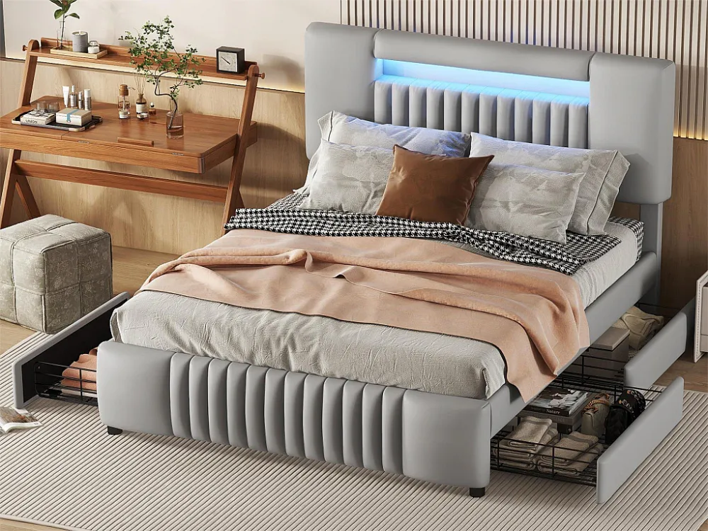 Tweepersoonsbed 140 x 200 cm, PU-leer gestoffeerd bed met vier laden, LED-strip, grijs