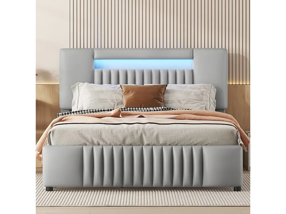 Tweepersoonsbed 140 x 200 cm, PU-leer gestoffeerd bed met vier laden, LED-strip, grijs
