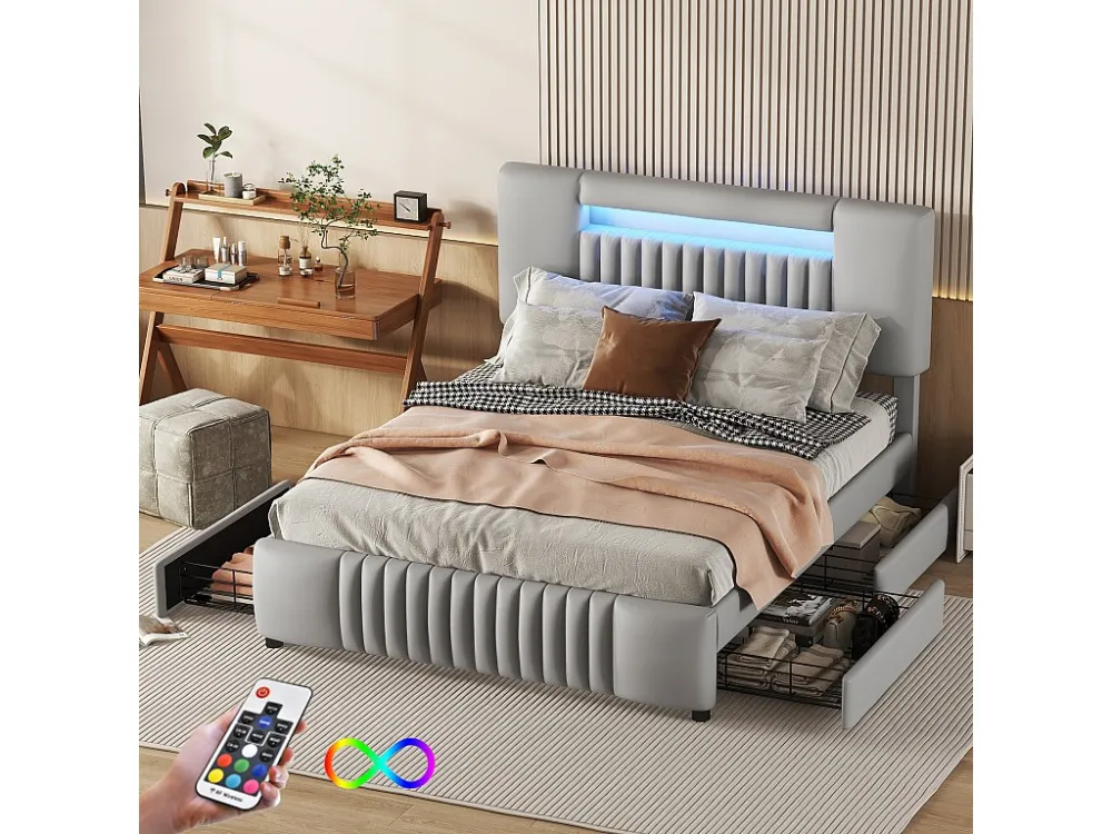 Tweepersoonsbed 140 x 200 cm, PU-leer gestoffeerd bed met vier laden, LED-strip, grijs