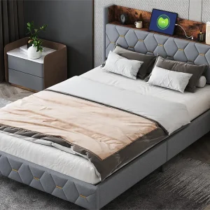 Tweepersoonsbed 140 x 200 cm, volwassenenbed, hoofdeinde met plank en USB-poort, bekleed met fluweel, lattenbodem, grijs