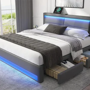 Tweepersoonsbed 140x190 cm kunstleer met LED - 4 lades - met oplaadpoorten (bedraad & draadloos) - Grijs
