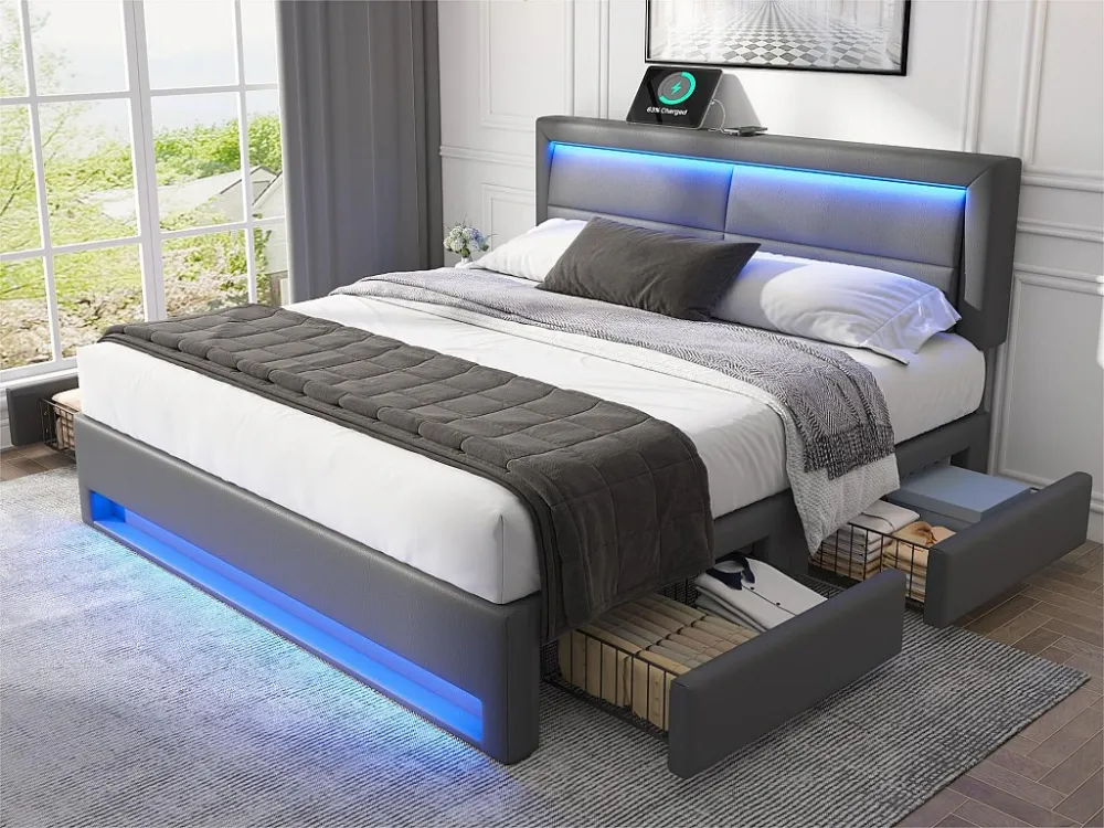 Tweepersoonsbed 140x190 cm kunstleer met LED - 4 lades - met oplaadpoorten (bedraad & draadloos) - Grijs