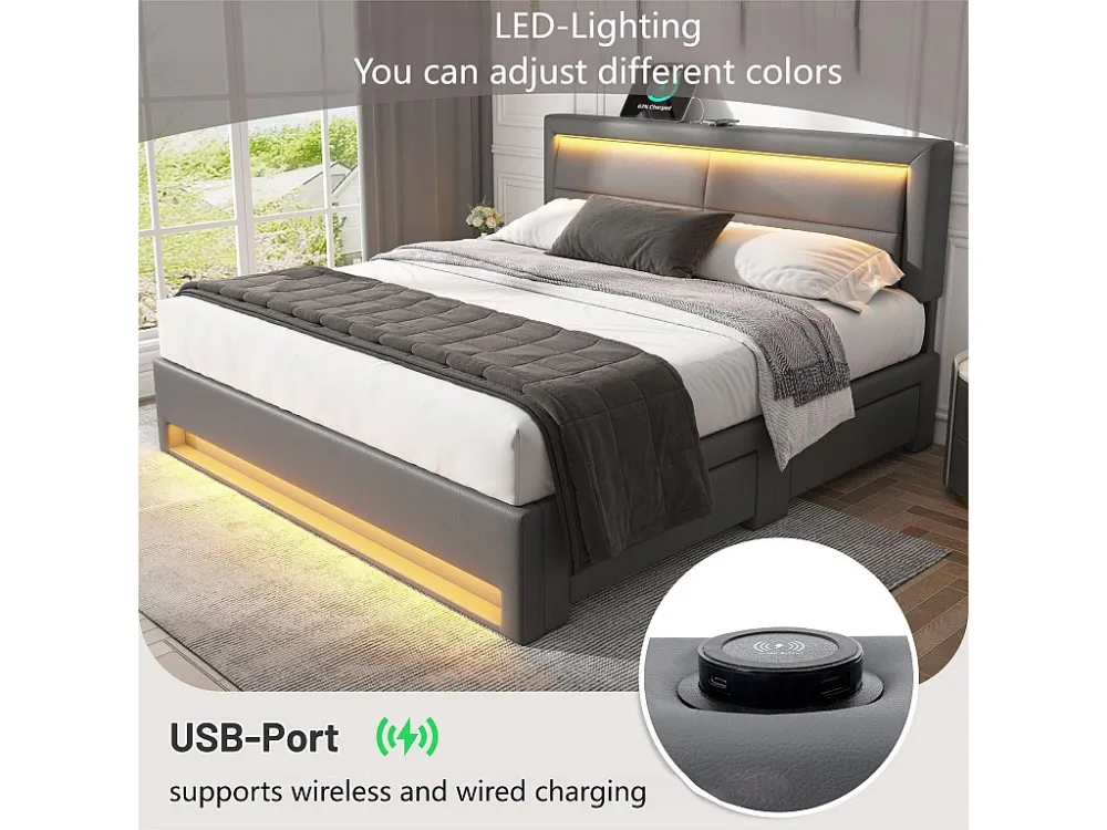Tweepersoonsbed 140x190 cm kunstleer met LED - 4 lades - met oplaadpoorten (bedraad & draadloos) - Grijs