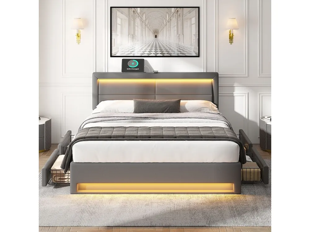 Tweepersoonsbed 140x190 cm kunstleer met LED - 4 lades - met oplaadpoorten (bedraad & draadloos) - Grijs