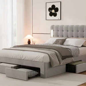Tweepersoonsbed 140x200 cm fluweel - met LED en 4 lades aan het voeteneind - Grijs