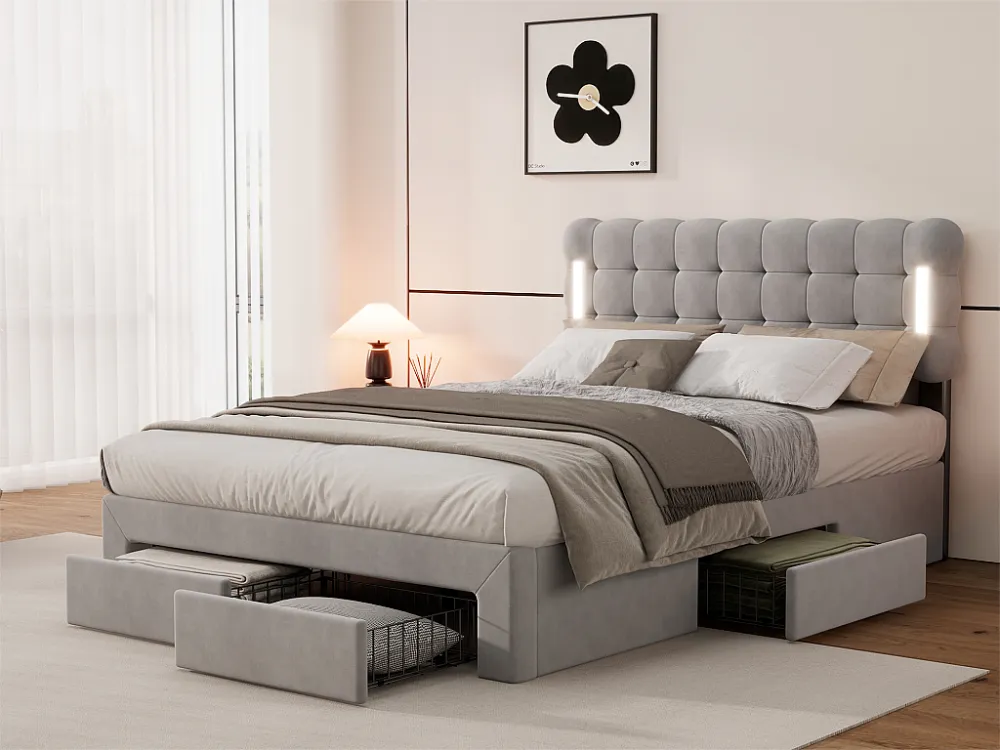 Tweepersoonsbed 140x200 cm fluweel - met LED en 4 lades aan het voeteneind - Grijs