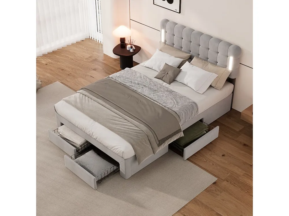 Tweepersoonsbed 140x200 cm fluweel - met LED en 4 lades aan het voeteneind - Grijs