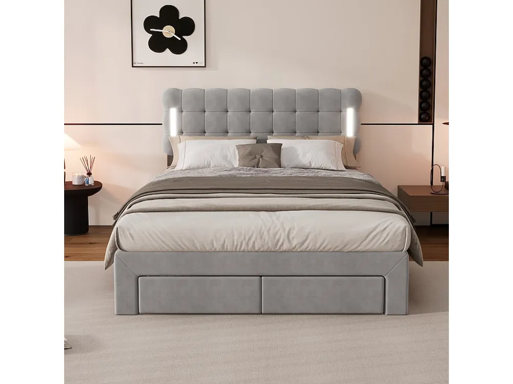 Tweepersoonsbed 140x200 cm fluweel - met LED en 4 lades aan het voeteneind - Grijs
