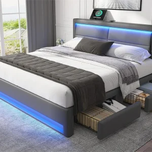 Tweepersoonsbed 140x200 cm kunstleer met LED - 4 lades - met oplaadpoorten (bedraad & draadloos) - Grijs