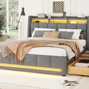Tweepersoonsbed 140x200cm linnen stof - met 2 laden + LED + USB-aansluiting - Grijs
