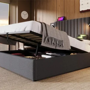 Tweepersoonsbed 160 x 200 cm - katoenen stof - met USB en e-reader - Grijs