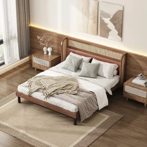 Tweepersoonsbed 160 x 200 cm met rotan hoofdbord - PU-leer - Walnootkleur