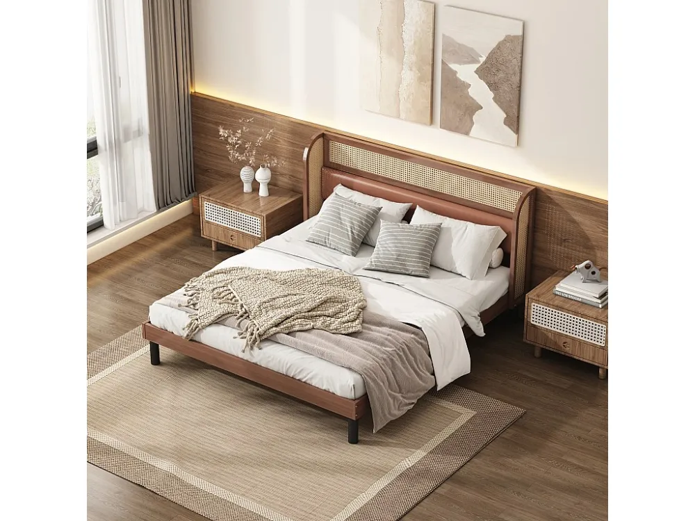 Tweepersoonsbed 160 x 200 cm met rotan hoofdbord - PU-leer - Walnootkleur