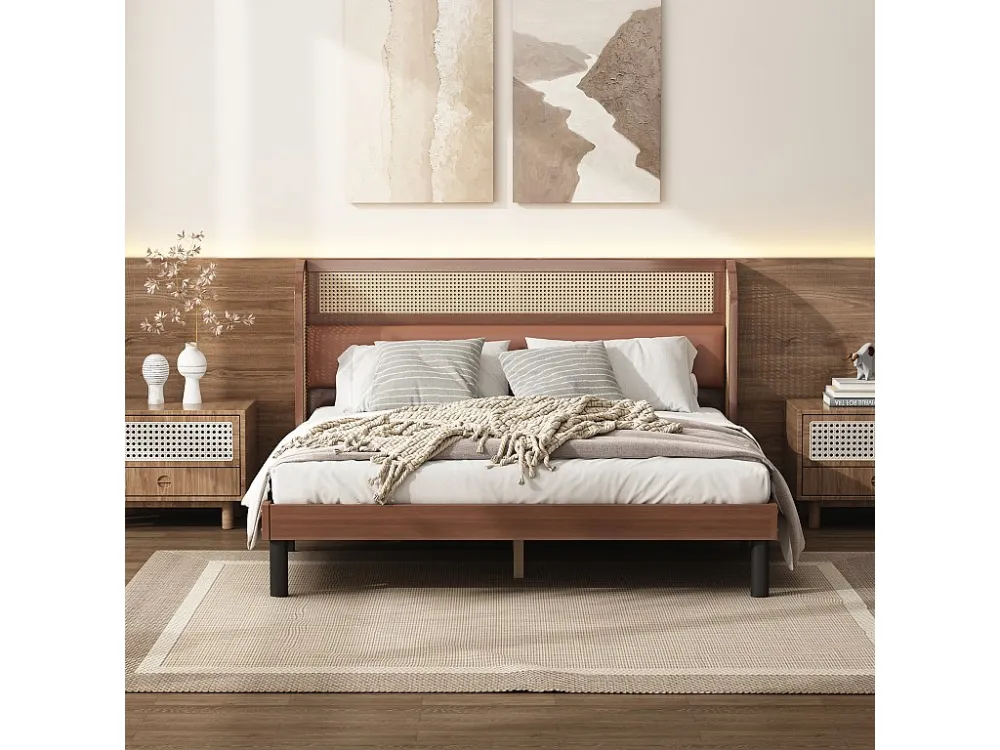 Tweepersoonsbed 160 x 200 cm met rotan hoofdbord - PU-leer - Walnootkleur