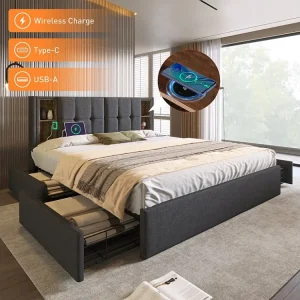 Tweepersoonsbed 160 x 200 cm met USB C draadloos opladen & 4 lades - fluweel - grijs