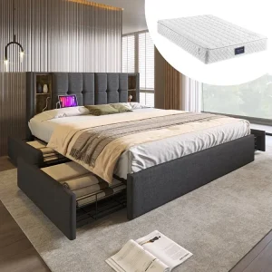 Tweepersoonsbed 160 x 200 cm met USB C draadloos opladen & 4 lades - fluweel - grijs + Matras