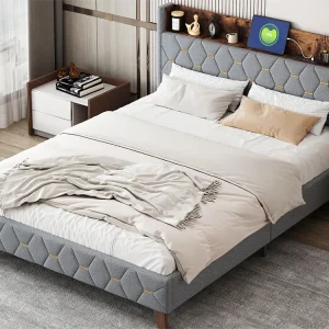 Tweepersoonsbed 160 x 200 cm, volwassenenbed, hoofdeinde met plank en USB-poort, bekleed met fluweel, lattenbodem, grijs